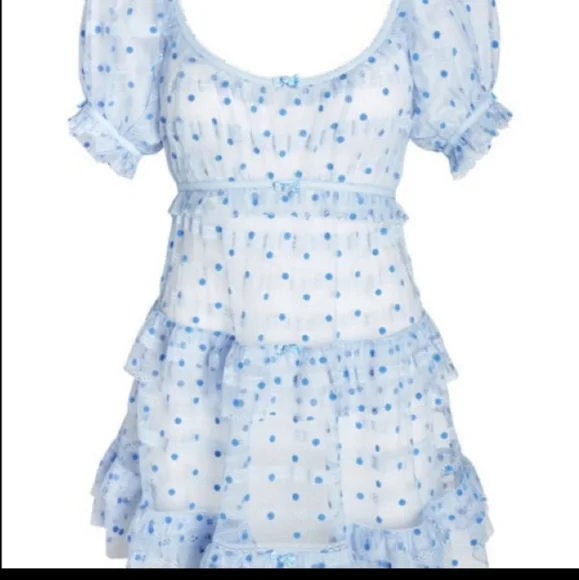 For Love and Lemons Harper Blue Sheer Polka Dot Dress